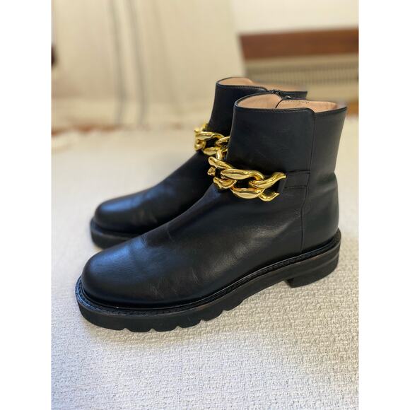 Stuart Weitzman Gold Chain Lift Leather Boot Black Lug Sole Moto Combat - Picture 2 of 8